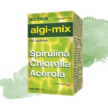 SANBIOS Algi- mix-  połączenie spiruliny, chlorelli i aceroli 100sztuk