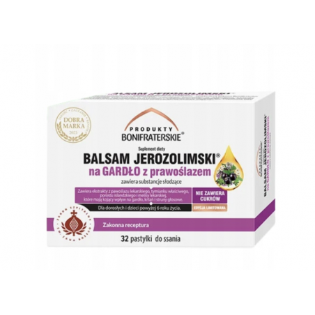 Balsam Jerozolimski na gardło z prawoślazem w pastylkach 32 sztuki Produkty Bonifraterskie