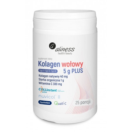 KOLAGEN wołowy 5g PLUS Typ I Typ II Typ III natywny siarka  25 porcji ALINESS