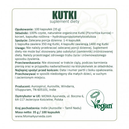 Kutki (Picrorhiza kurroa) Aurospirul 100 sztuk suplement diety - 1